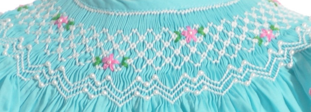 Turquise Geo Smocked With Pearls Angel Wing Sleeve Bishop Dress