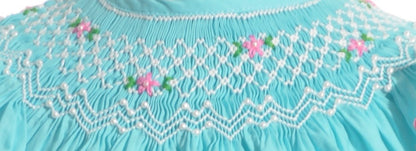 Turquise Geo Smocked With Pearls Angel Wing Sleeve Bishop Dress