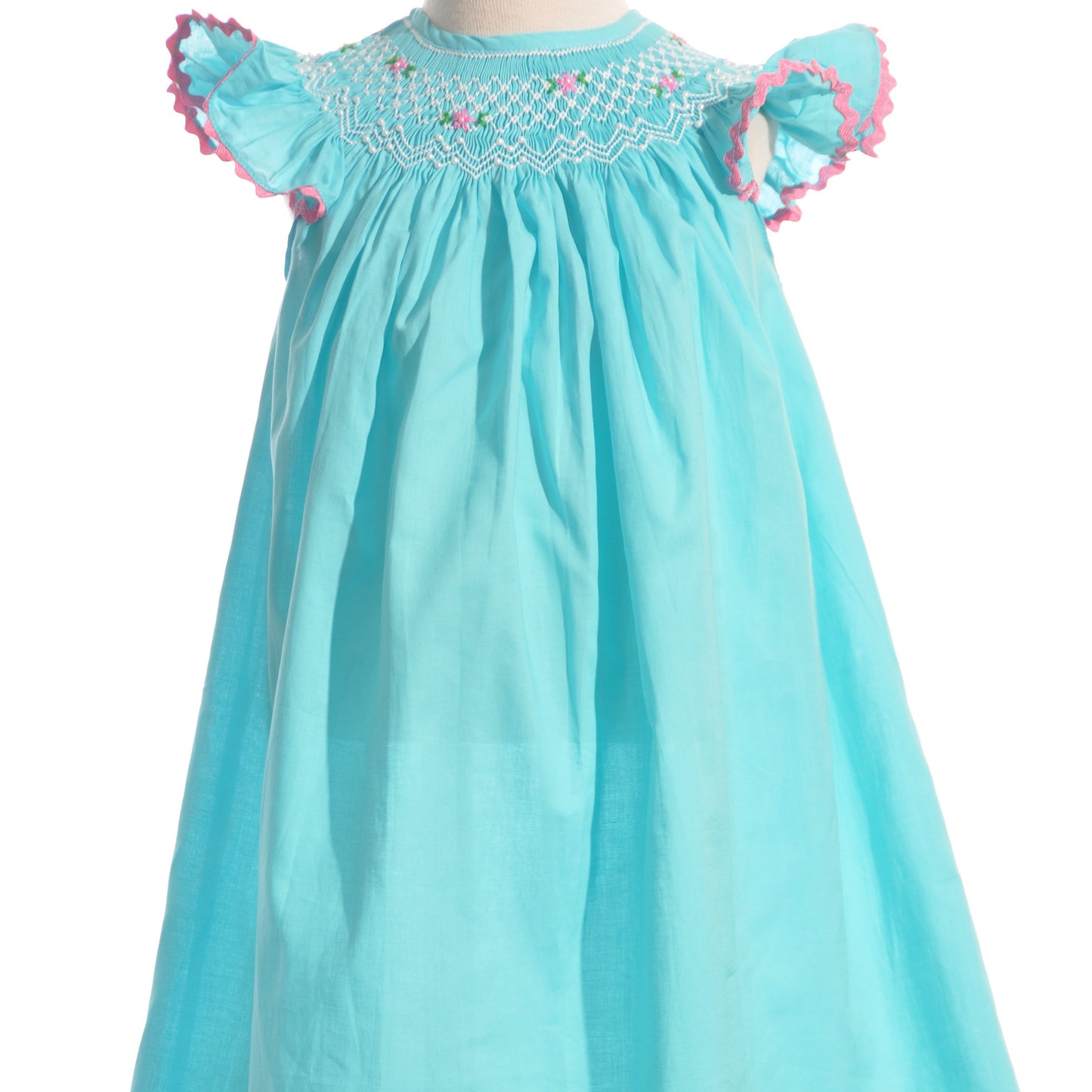 Turquise Geo Smocked With Pearls Angel Wing Sleeve Bishop Dress