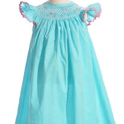 Turquise Geo Smocked With Pearls Angel Wing Sleeve Bishop Dress