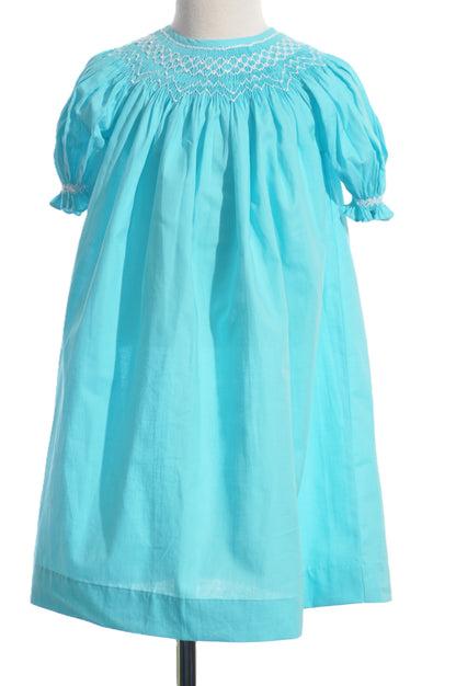 Blue Geo Smocked With Pearls Short Sleeve Bishop Dress
