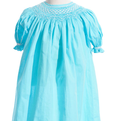 Blue Geo Smocked With Pearls Short Sleeve Bishop Dress