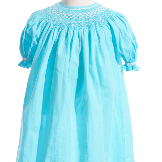 Blue Geo Smocked With Pearls Short Sleeve Bishop Dress
