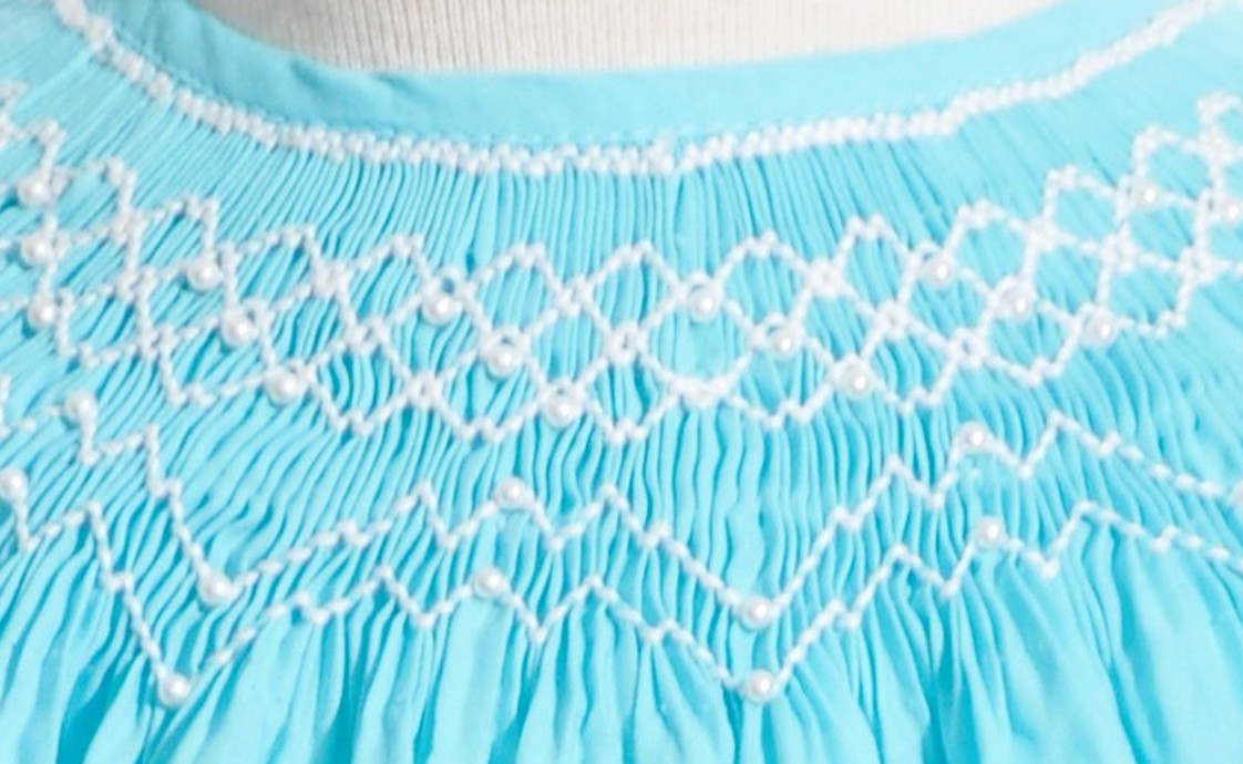 Blue Geo Smocked With Pearls Short Sleeve Bishop Dress