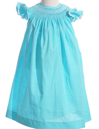 Blue Geo Smocked With Pearls Angel Wing Sleeve Bishop Dress