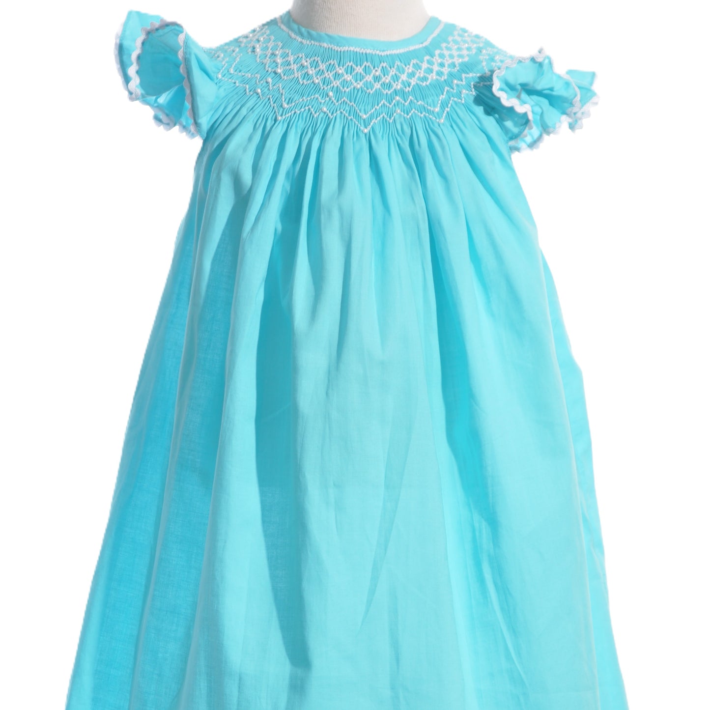 Blue Geo Smocked With Pearls Angel Wing Sleeve Bishop Dress