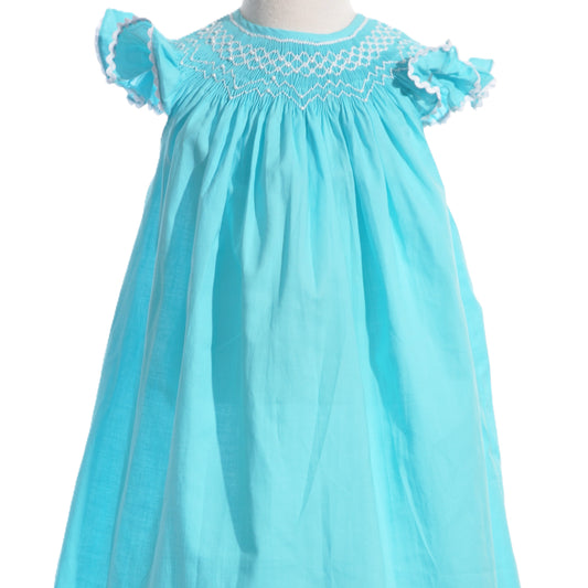Blue Geo Smocked With Pearls Angel Wing Sleeve Bishop Dress