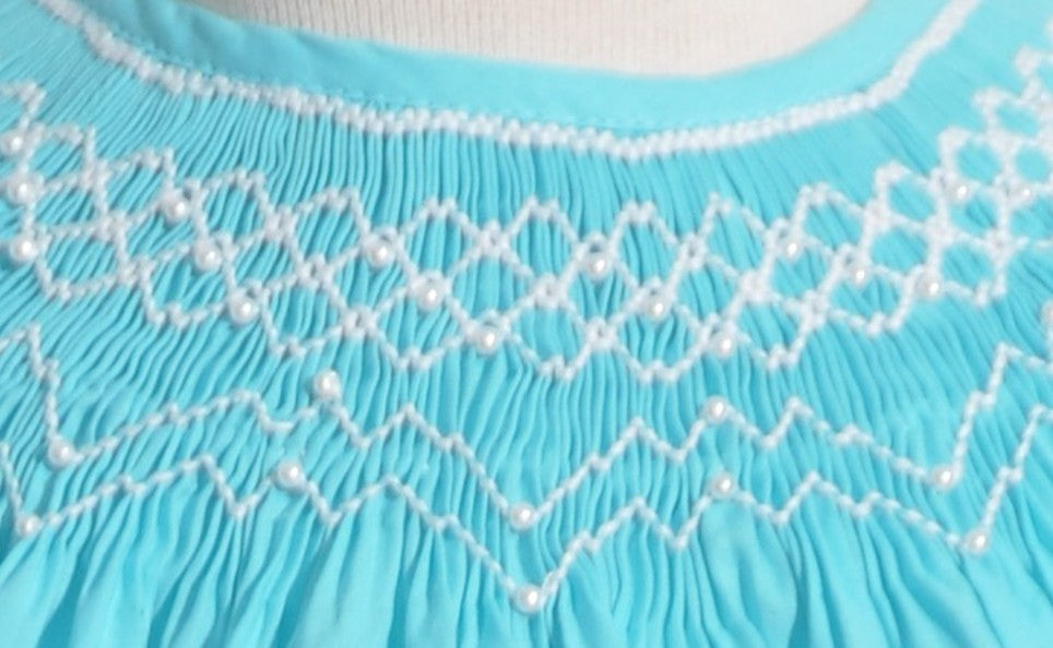 Blue Geo Smocked With Pearls Angel Wing Sleeve Bishop Dress