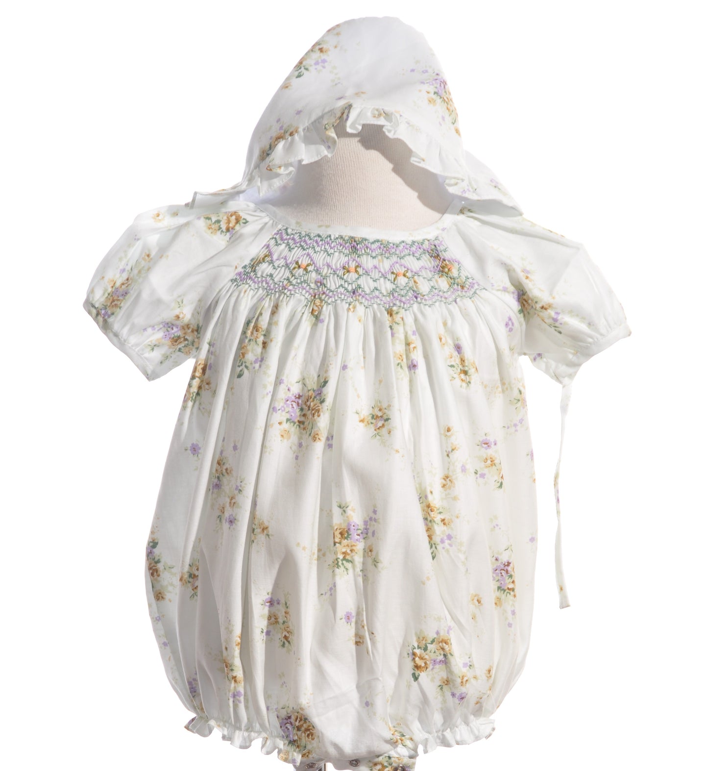 White With Yellow Floral Print Bubble & Bonnet Featuring Purple Geometric Smocked Detailing