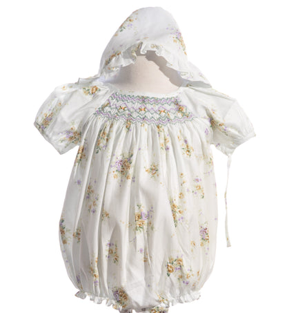 White With Yellow Floral Print Bubble & Bonnet Featuring Purple Geometric Smocked Detailing