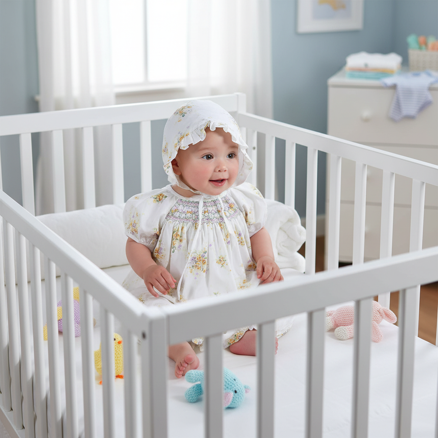 White With Yellow Floral Print Bubble & Bonnet Featuring Purple Geometric Smocked Detailing