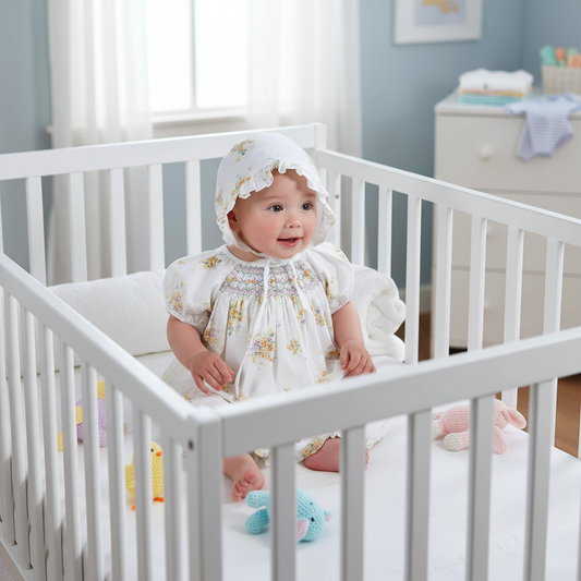 White With Yellow Floral Print Bubble & Bonnet Featuring Purple Geometric Smocked Detailing