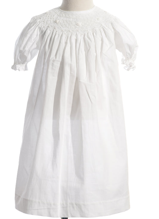 White Geometric Smocked with Pearls & Roses Short Bishop Sleeve Dress