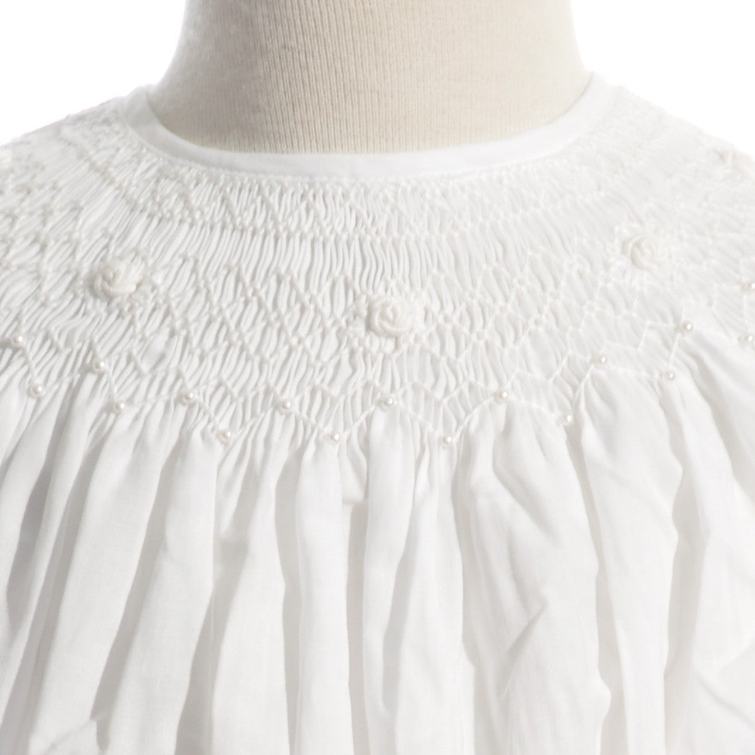 White Geometric Smocked with Pearls & Roses Short Bishop Sleeve Dress