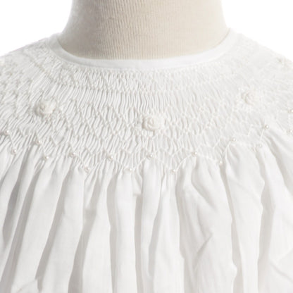 White Geometric Smocked with Pearls & Roses Short Bishop Sleeve Dress