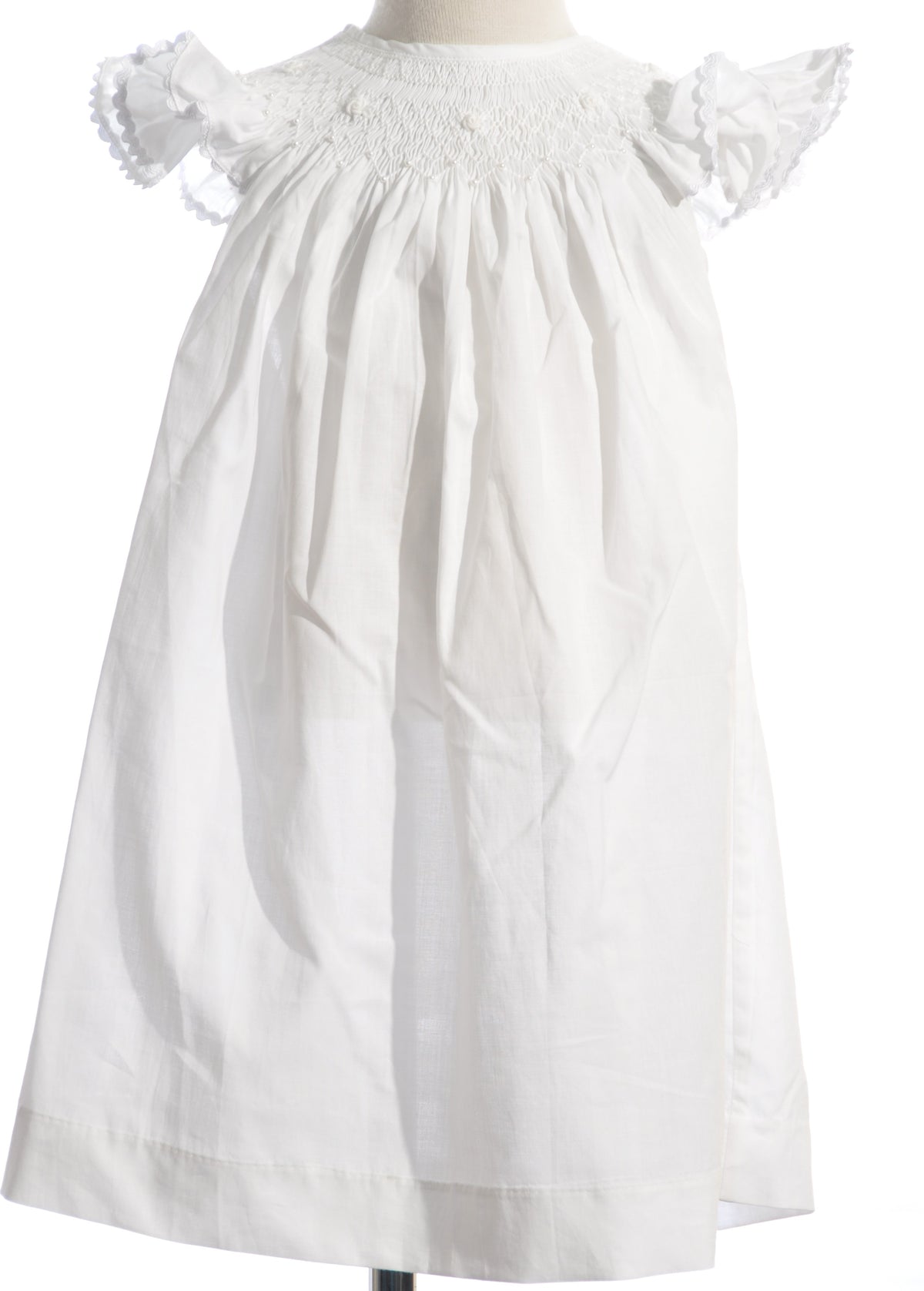 White Geometric Smocked with Pearls & Roses Angel Wing Sleeve Dress