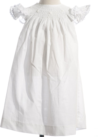 White Geometric Smocked with Pearls & Roses Angel Wing Sleeve Dress