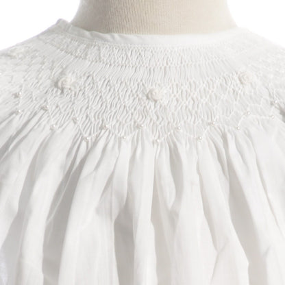 White Geometric Smocked with Pearls & Roses Angel Wing Sleeve Dress
