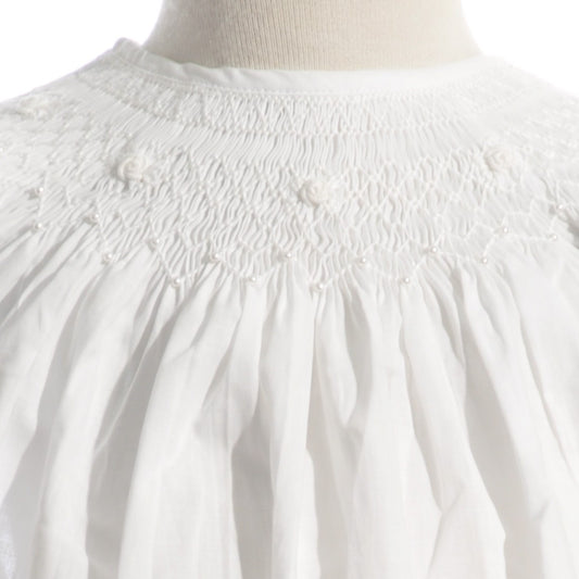 White Geometric Smocked with Pearls & Roses Angel Wing Sleeve Dress