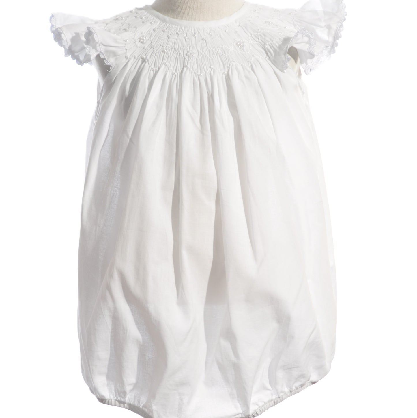 White Geo Pearl Smocked Angel Wing Sleeve Bubble