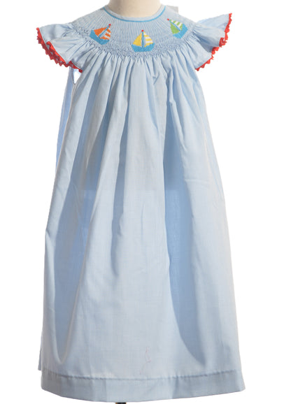 BLue Gingham SAILBOATS Smocked Angel Wing Dress