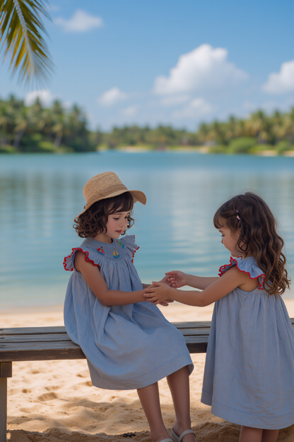 BLue Gingham SAILBOATS Smocked Angel Wing Dress