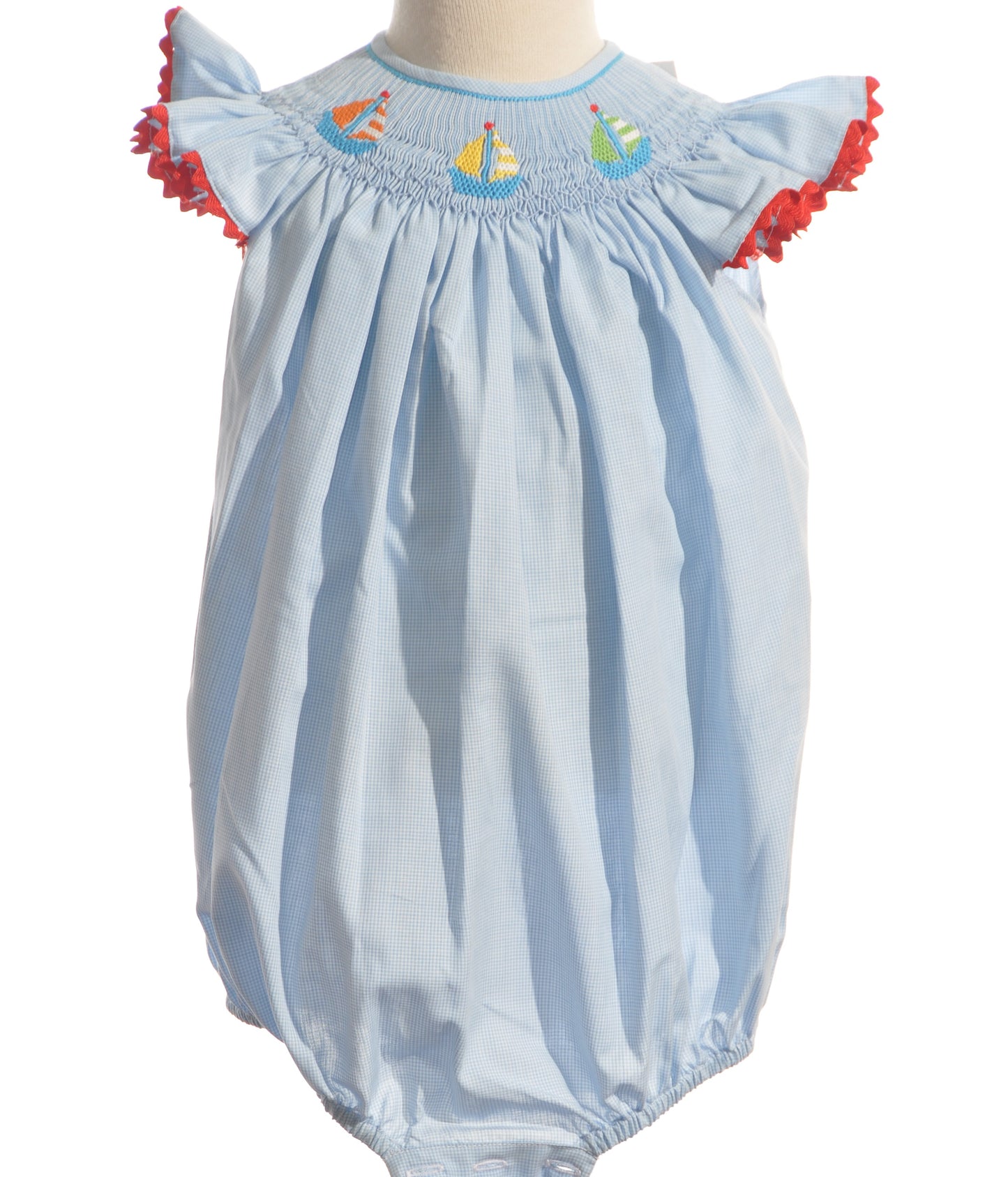 BLue Gingham SAILBOATS Smocked Bubble