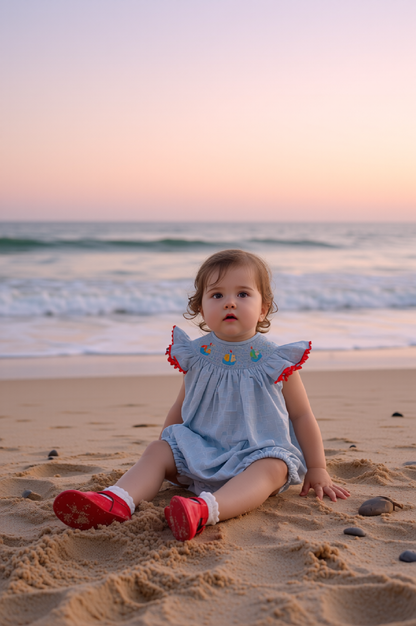 BLue Gingham SAILBOATS Smocked Bubble
