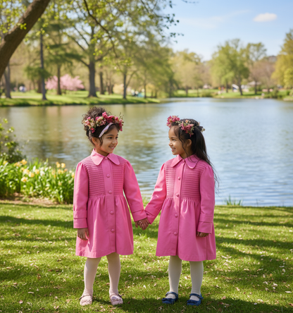 Pink Corduroy Smocked Coat with Big Buttons