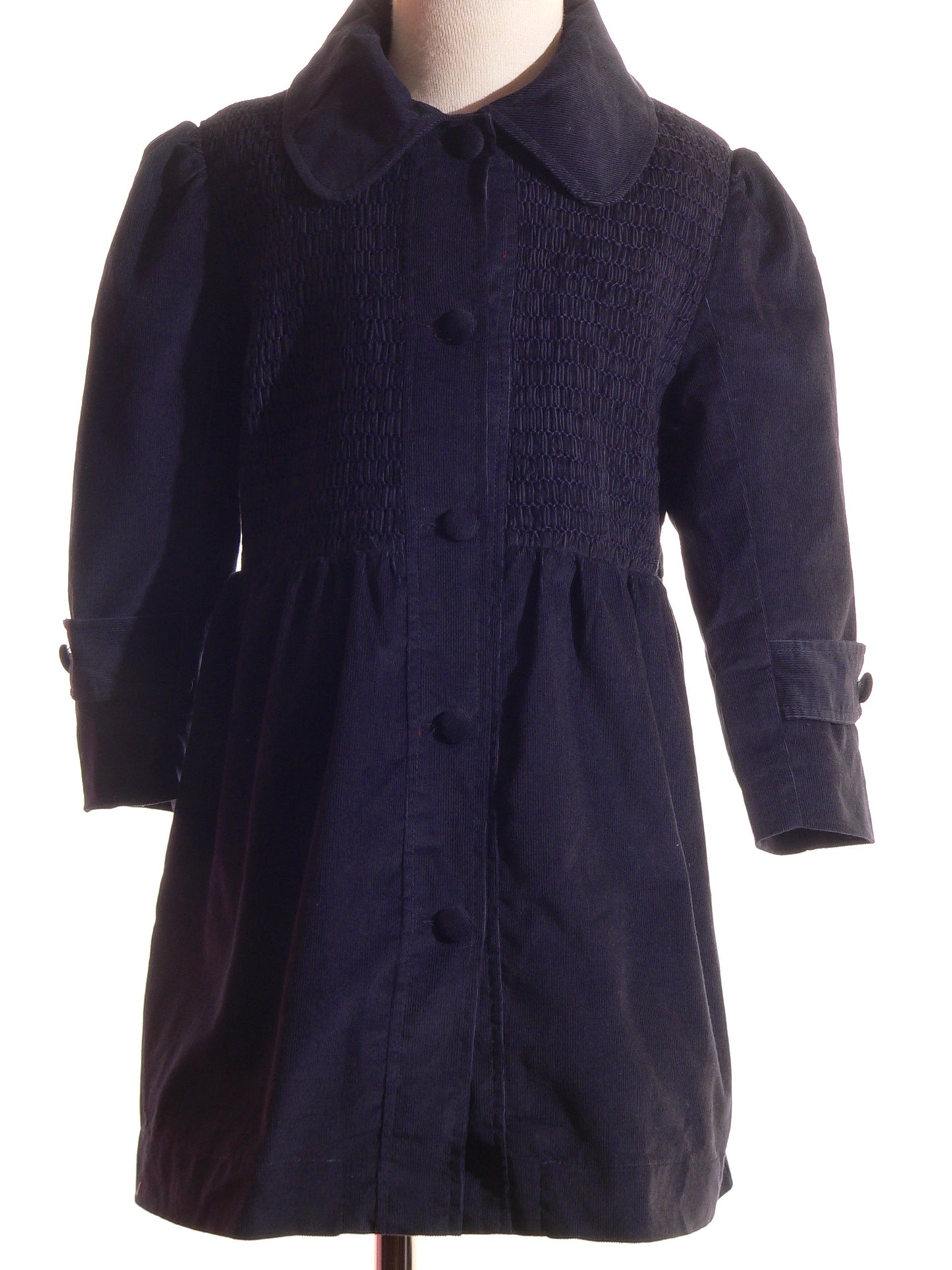 Navy Corduroy Smocked Coat with Big Buttons