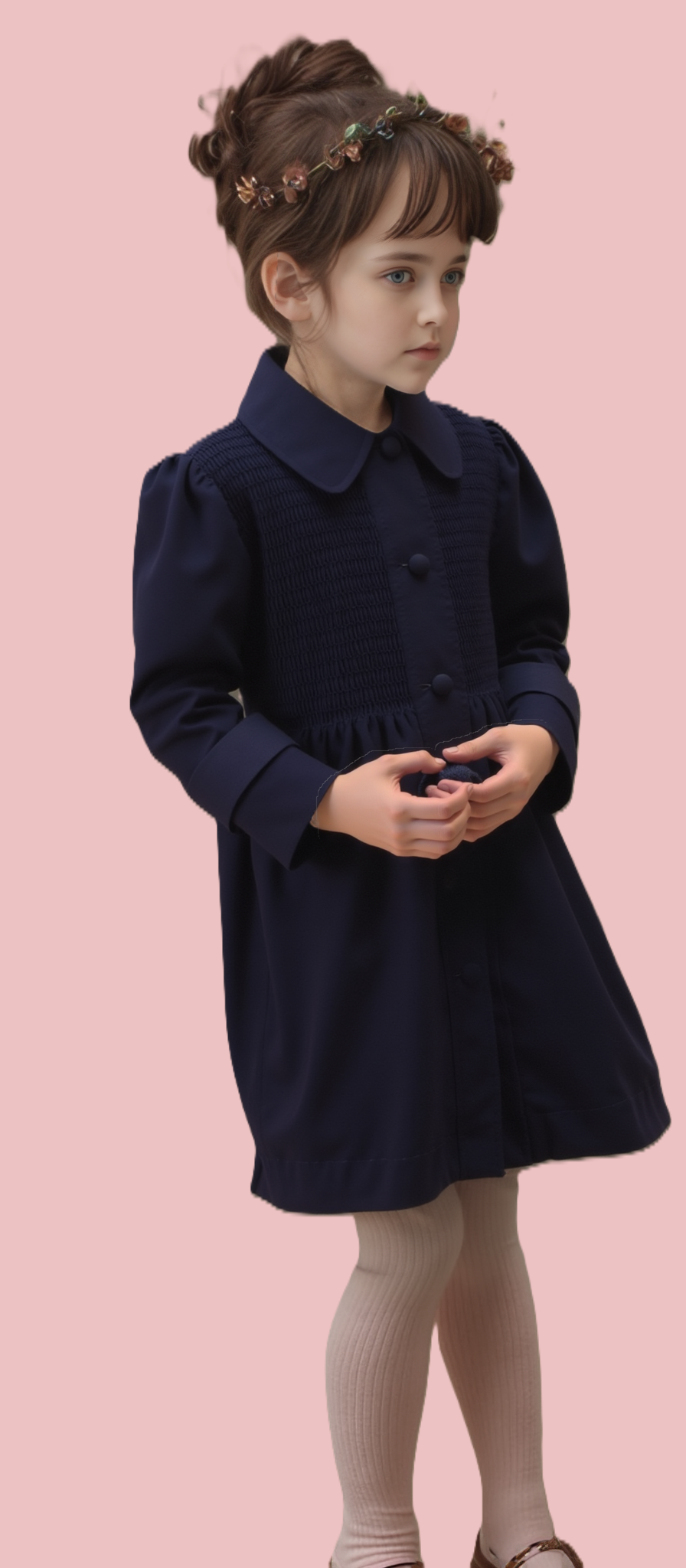 Navy Corduroy Smocked Coat with Big Buttons