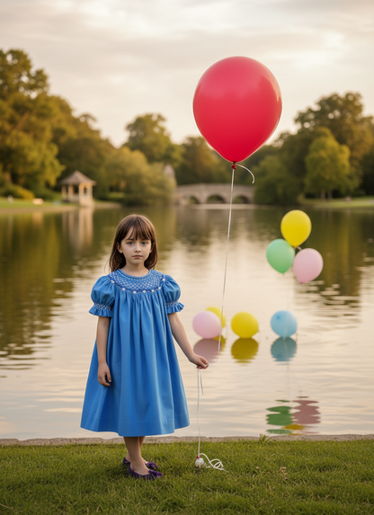 Blue Corduroy Smocked with Pearl Bishop Dress