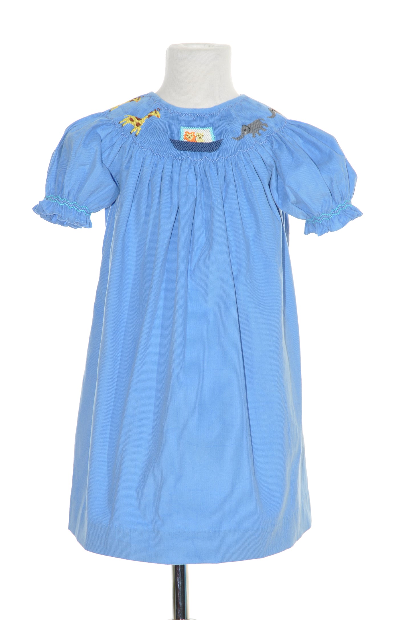 Blue Corduroy Noah Smocked Short Sleeve Bishop Dress