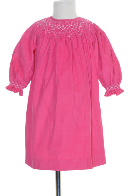 Hot Pink Corduroy Geo Smocked With Pearls Long Sleeve Bishop Dress