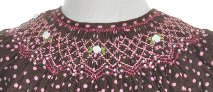 Brown & Pink Polka Dot Corduroy Geometric Smocked Short Sleeve Bishop Dress