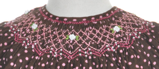 Brown & Pink Polka Dot Corduroy Geometric Smocked Short Sleeve Bishop Dress