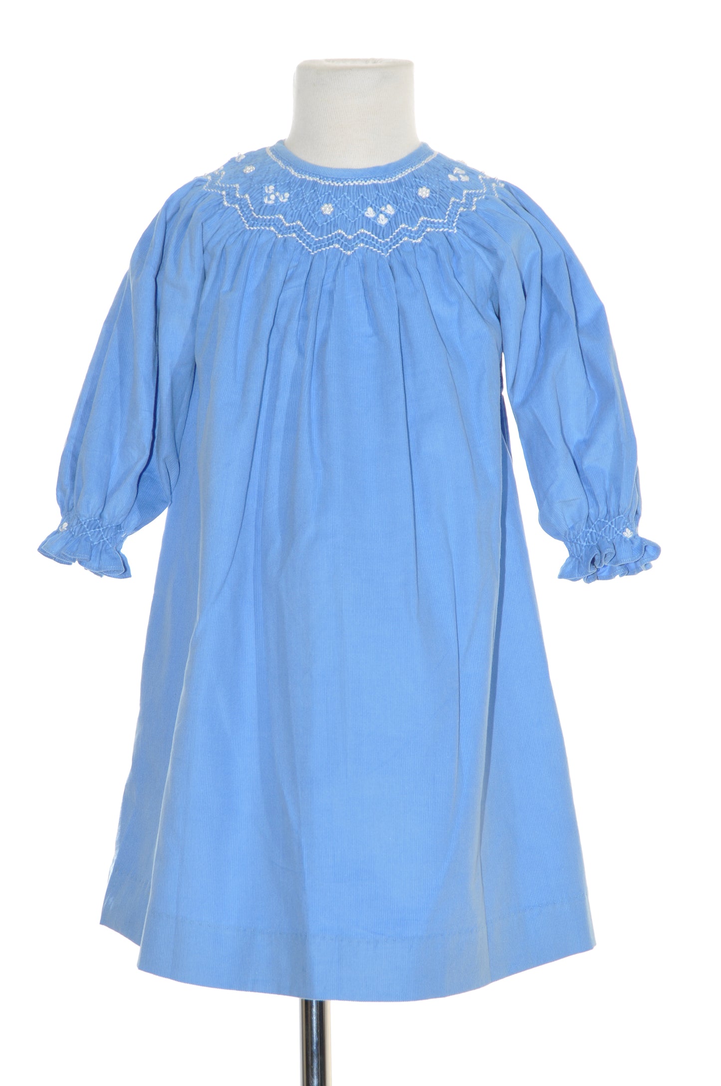 Blue Corduroy Smocked with Pearl Long Sleeve Bishop Dress