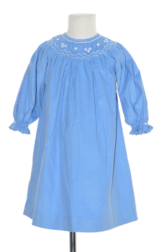 Blue Corduroy Smocked with Pearl Long Sleeve Bishop Dress