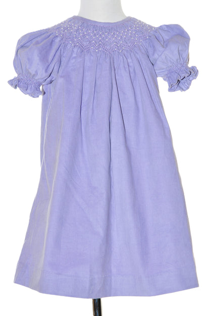 Purple Corduroy Geo Smocked With Pearls Short Sleeve Bishop Dress