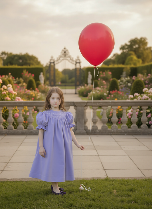 Purple Corduroy Geo Smocked With Pearls Short Sleeve Bishop Dress