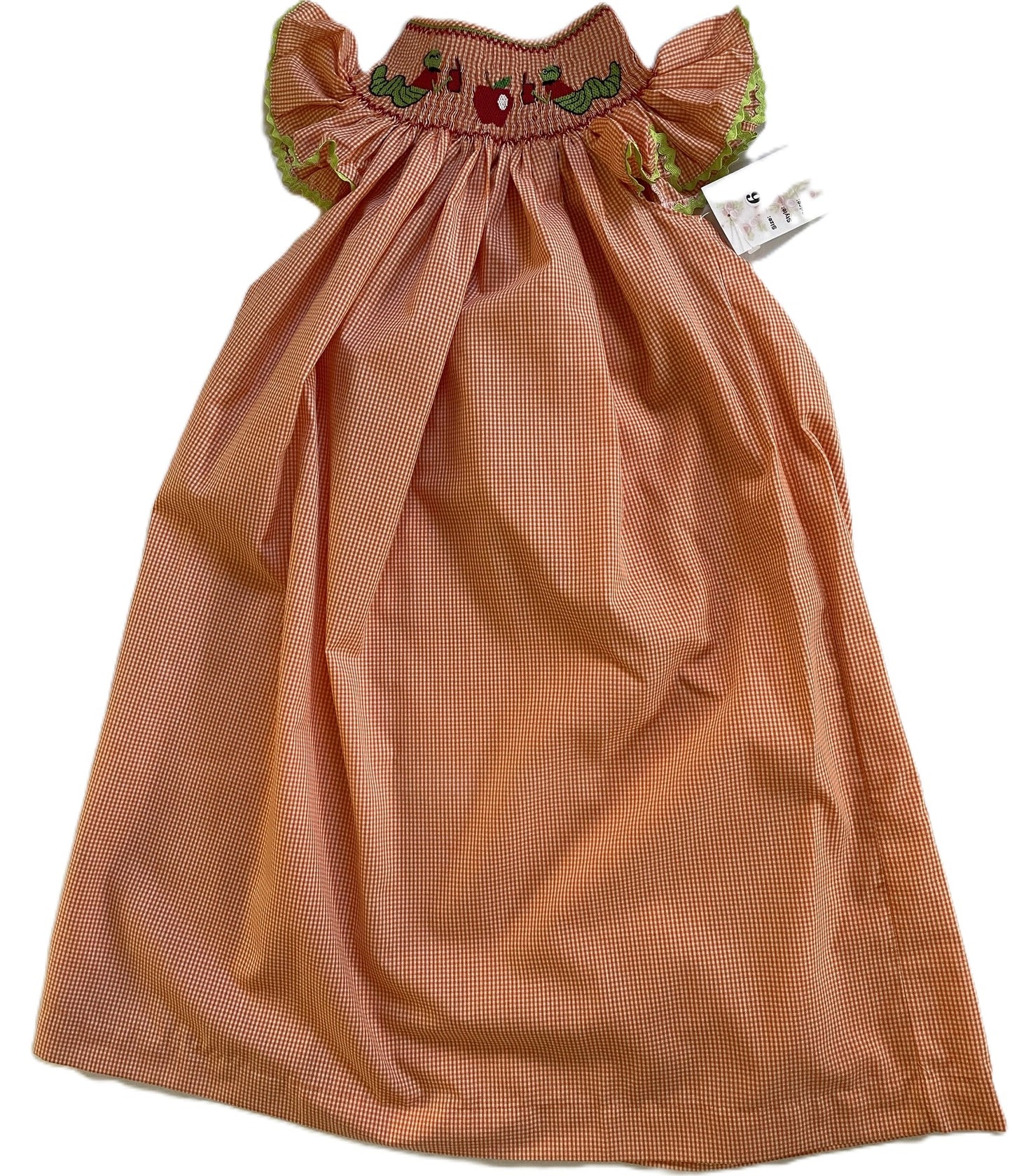 Orange gingham BOOKWORM Smocked Short Bishop Sleeve Dress