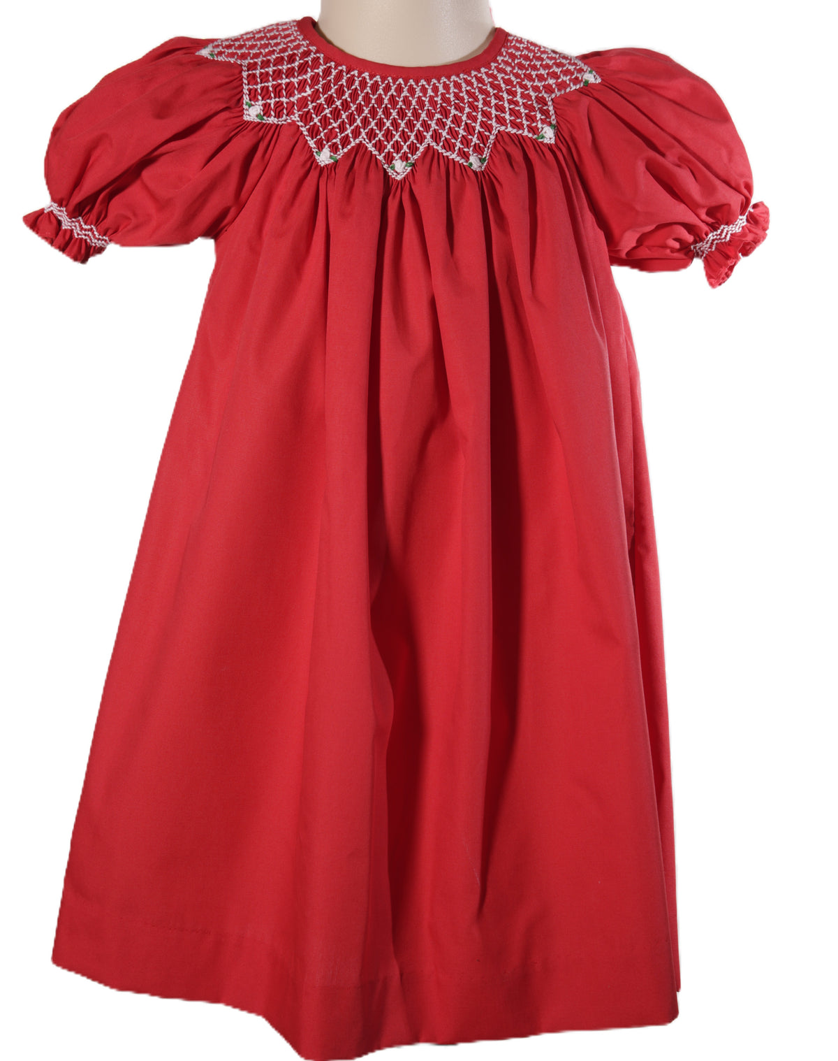 Red Geometric Smocked Short Bishop Sleeve Dress