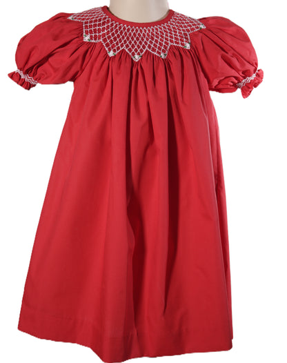 Red Geometric Smocked Short Bishop Sleeve Dress