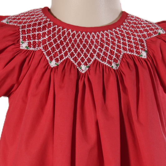 Red Geometric Smocked Short Bishop Sleeve Dress