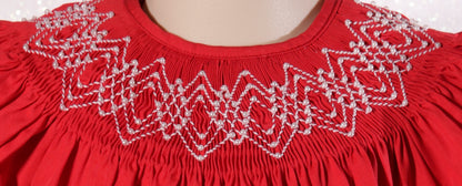 Red Geo Smocked With Pearls Bishop Dress