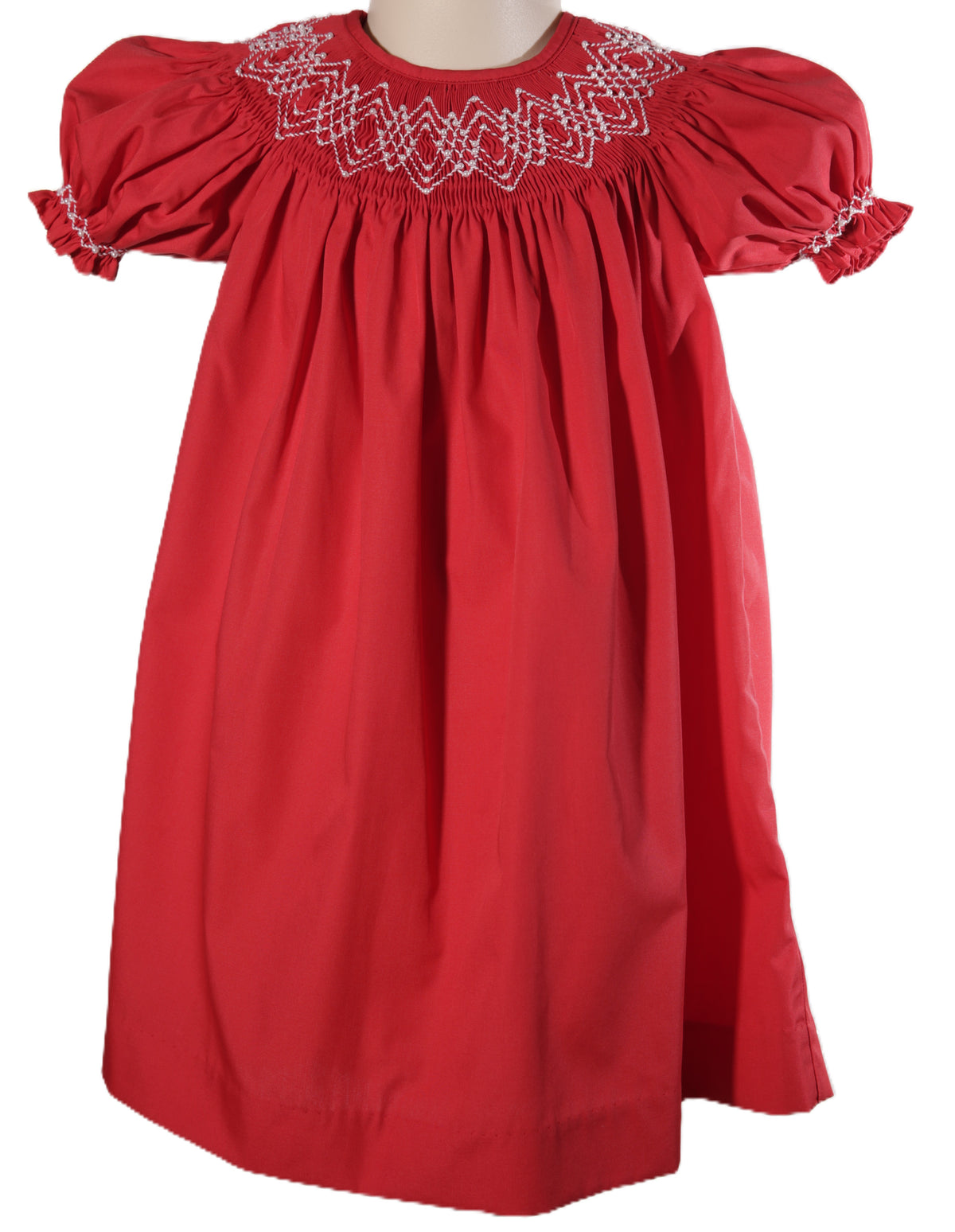 Red Geo Smocked With Pearls Bishop Dress