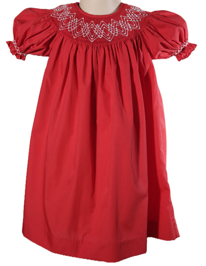 Red Geo Smocked With Pearls Bishop Dress