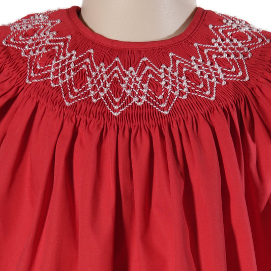 Red Geo Smocked With Pearls Bishop Dress
