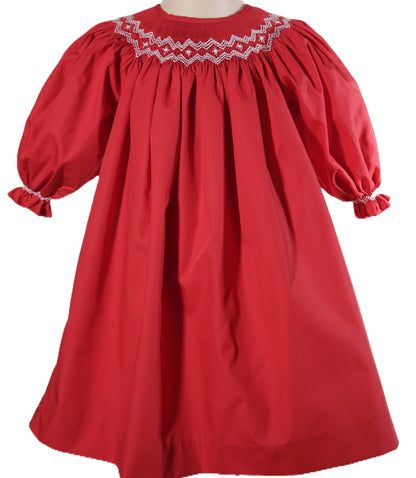 Red Geometric Smocked Long Bishop Sleeve Dress