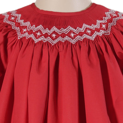 Red Geometric Smocked Long Bishop Sleeve Dress